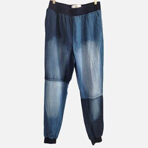 Daya by Zenda Patchwork Light Wash Multi-Tone Denim Joggers with Pockets…